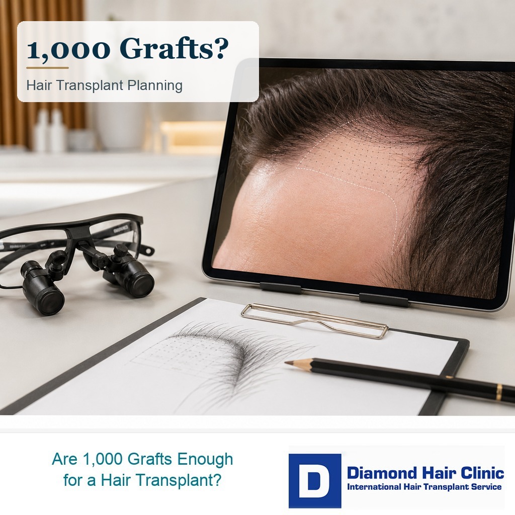 Clinical planning image for a 1,000 graft hair transplant with a limited hairline treatment zone and donor preserving surgical tools