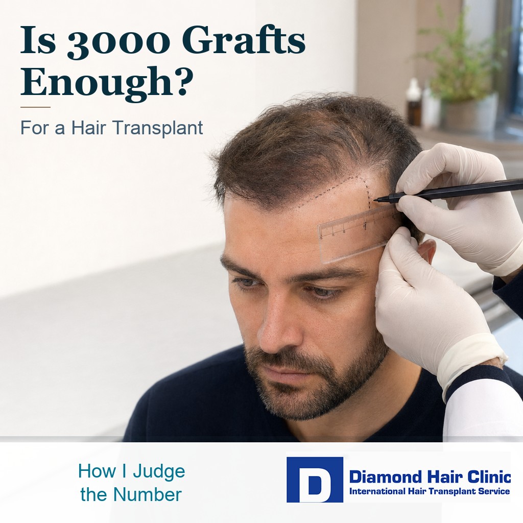 Adult male patient having his frontal hairline measured during a 3000 graft hair transplant plan