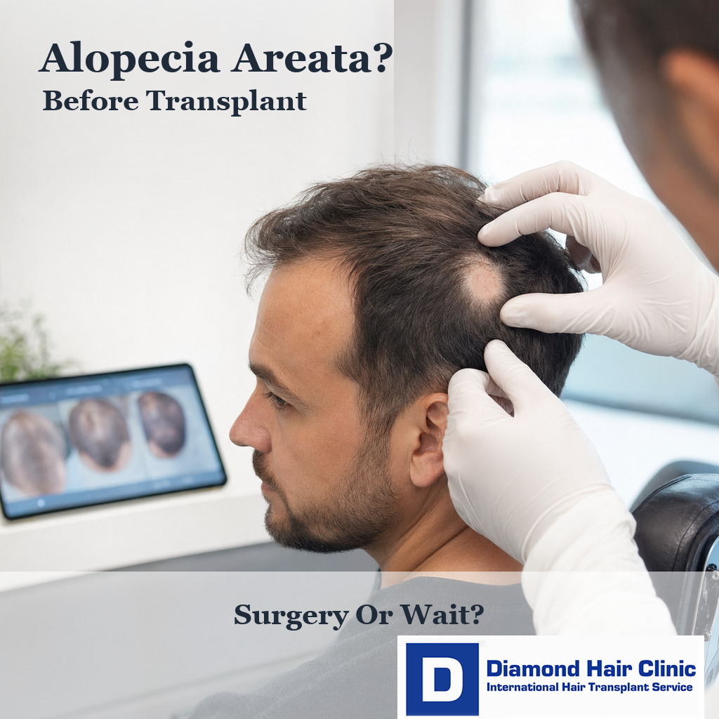Doctor examining a small alopecia areata patch before hair transplant planning