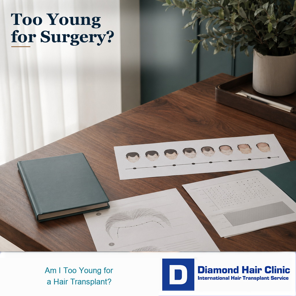 Premium medical editorial image showing age and hairline planning materials for a young hair transplant patient