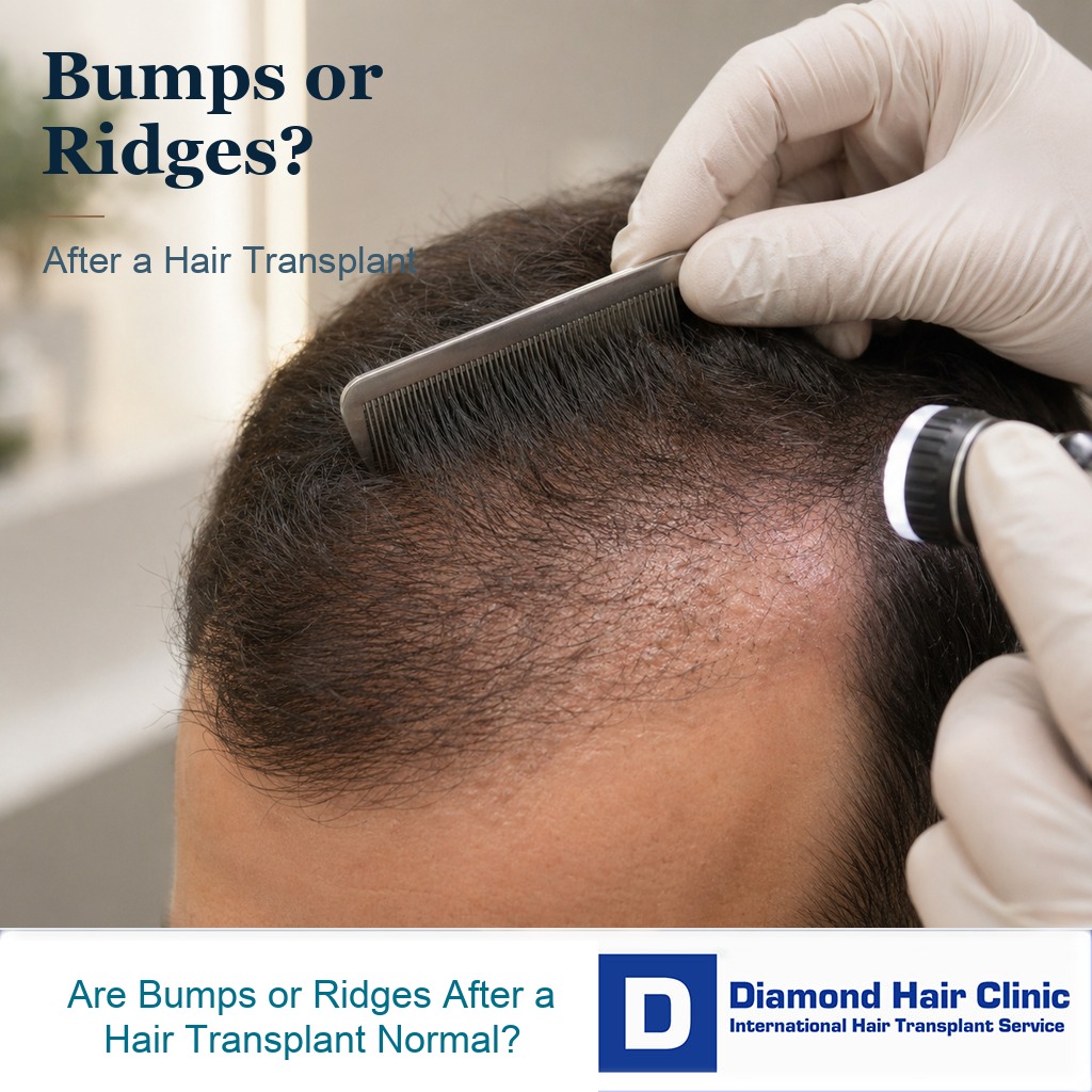 Close scalp examination showing subtle raised texture after a hair transplant