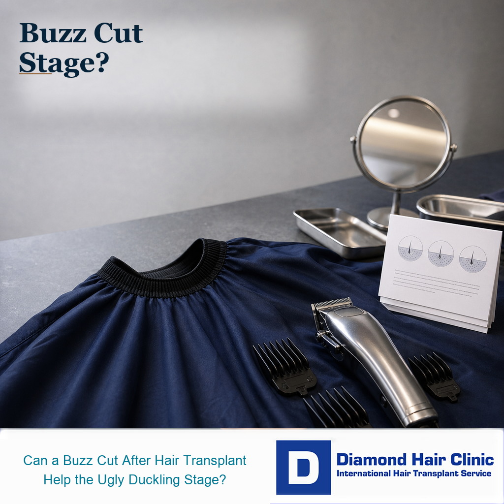 Premium medical editorial image showing clippers guard combs and a clinic grooming setup for buzz cut timing after hair transplant