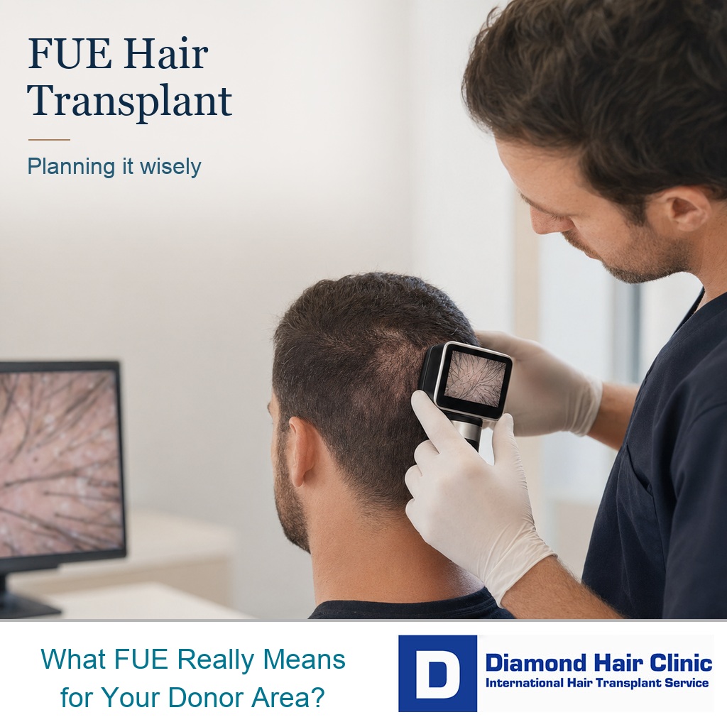 Doctor examining the donor area before FUE hair transplant planning