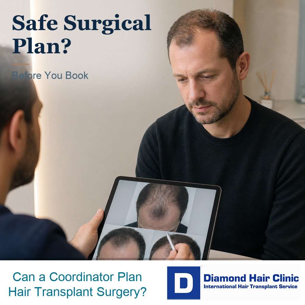 Surgeon reviewing scalp photos with a patient before confirming a safe hair transplant surgical plan