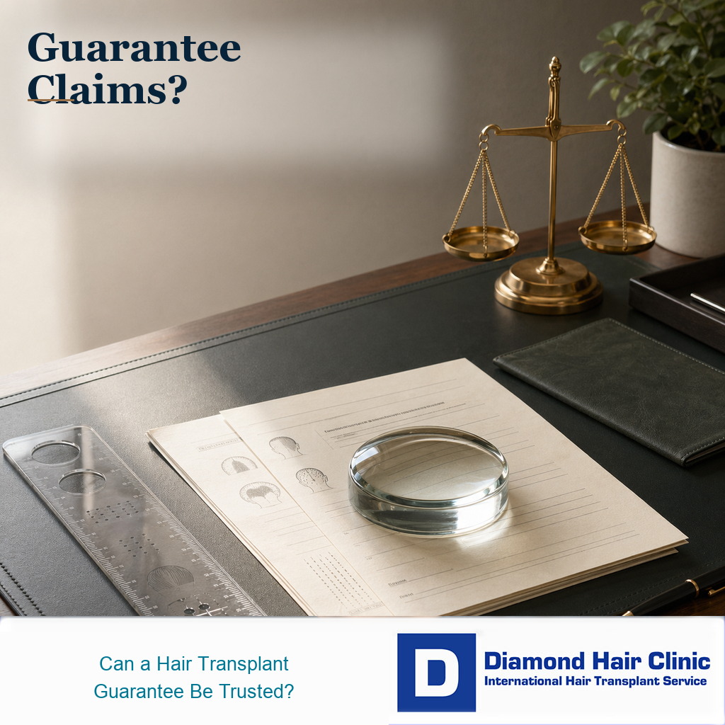 Premium medical editorial image showing hair transplant expectation documents and surgical planning tools