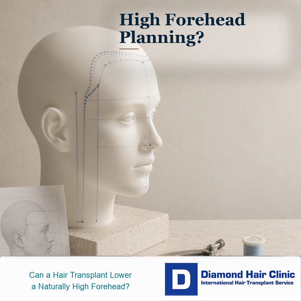 Premium medical editorial image showing high forehead and hairline planning on a side profile model