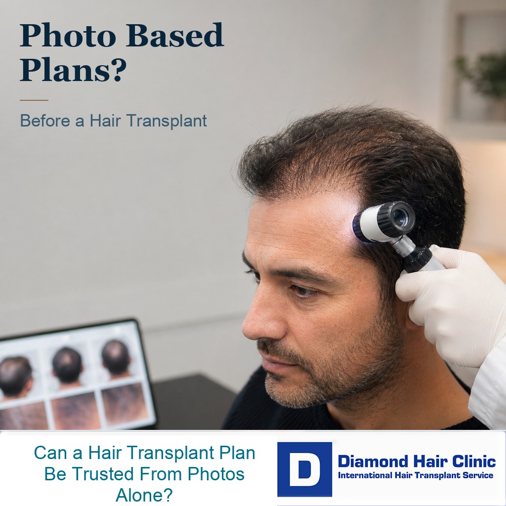 Hair transplant patient having scalp and donor area assessed after sending photos for consultation