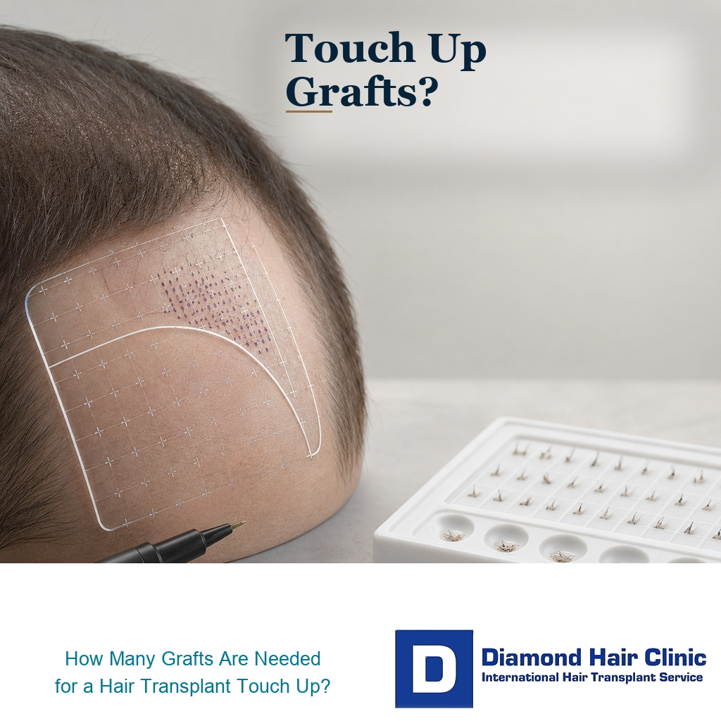 Premium medical editorial image showing a small hair transplant touch up graft planning area