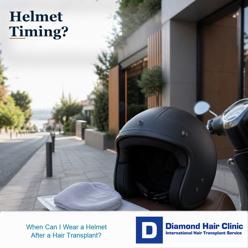 Premium outdoor editorial image showing a motorcycle helmet after hair transplant recovery planning
