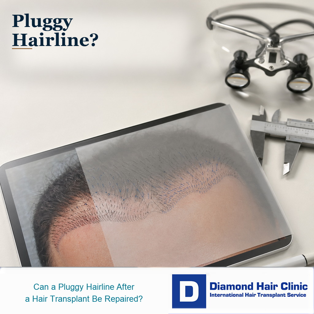 Premium medical editorial image showing pluggy hairline repair planning after a hair transplant