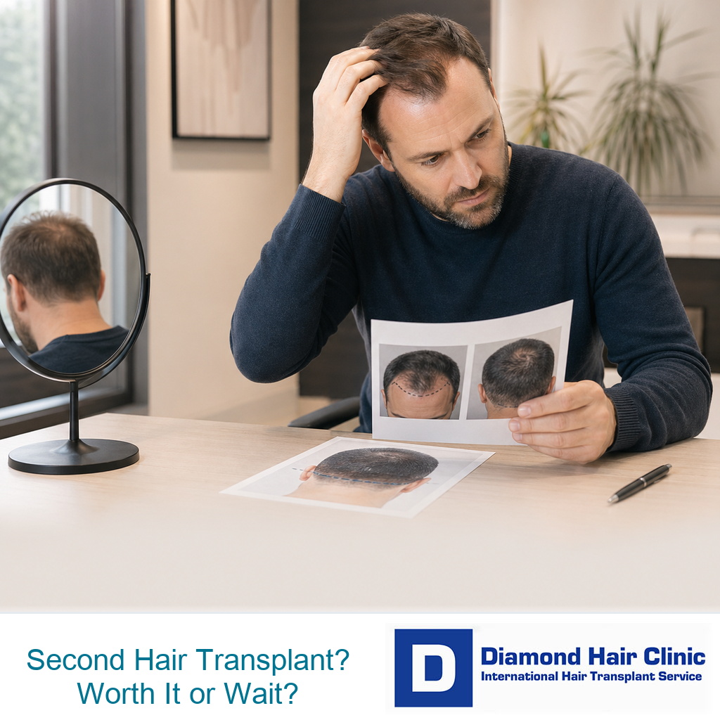 Male patient reviewing donor area and hairline planning for a second hair transplant