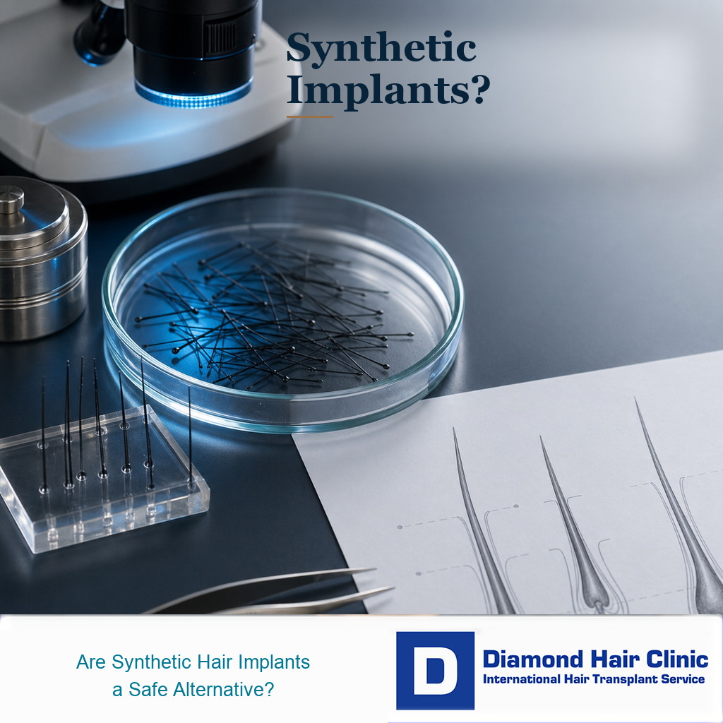 Premium medical editorial image showing synthetic hair fibers under laboratory magnification