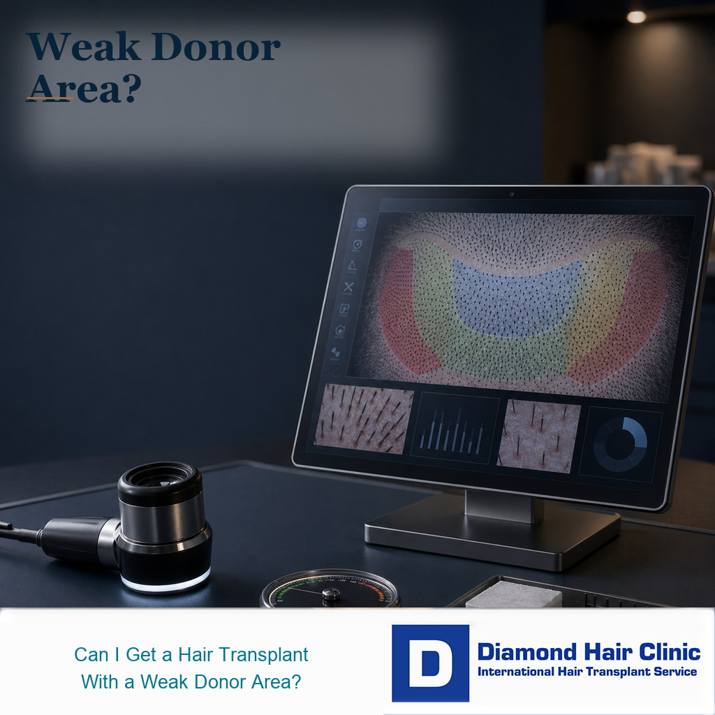 Premium medical editorial image showing donor density mapping on a trichoscope monitor