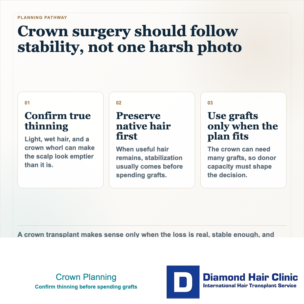 Crown hair transplant planning card showing diagnosis, medical stabilization, donor budget, and growth timeline