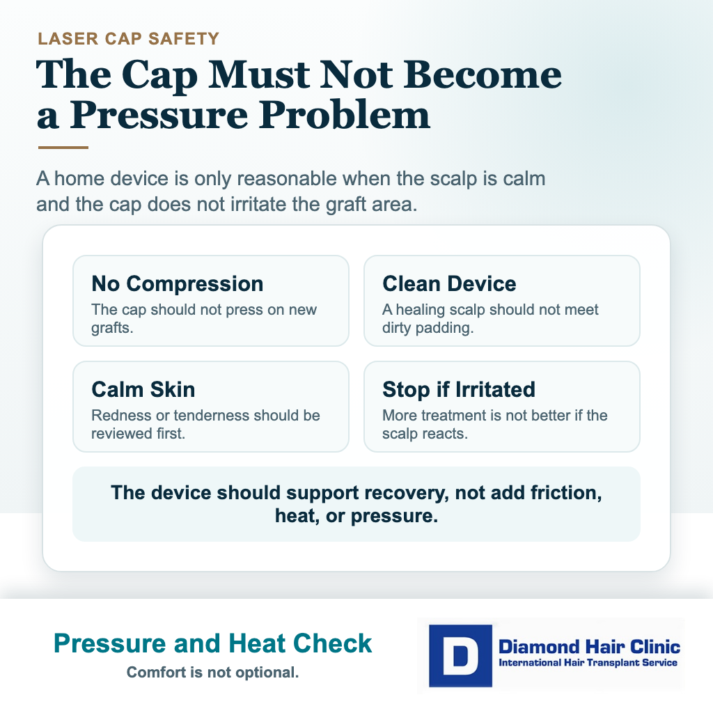Laser cap after hair transplant card explaining pressure, heat, cleanliness, calm skin, and irritation checks