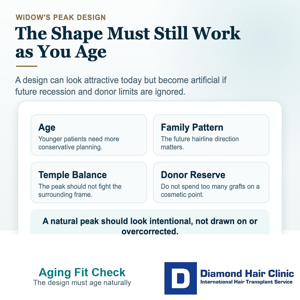 Widow's peak hair transplant card explaining age, family pattern, temple balance, and donor reserve in hairline design