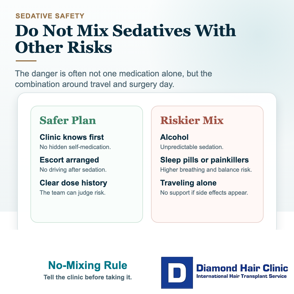 Xanax or Valium before hair transplant card warning not to mix sedatives with alcohol, painkillers, sleep medicine, or solo travel