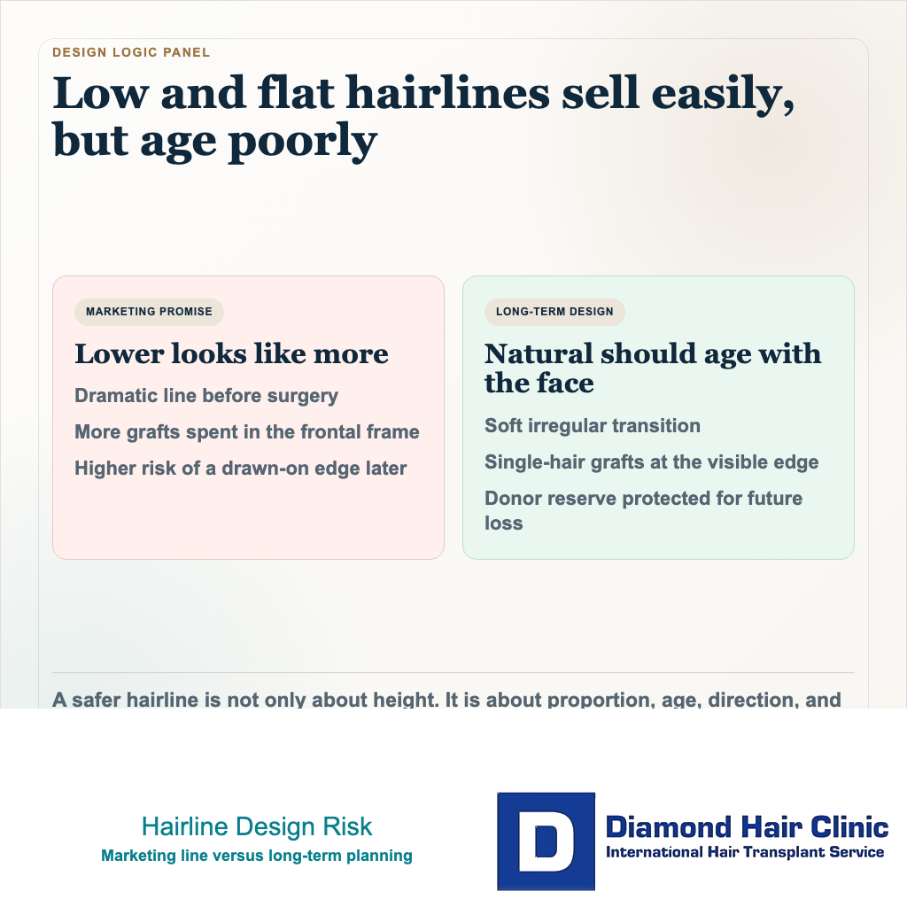 Hairline design card comparing low flat hairlines with mature natural hairline planning and donor preservation