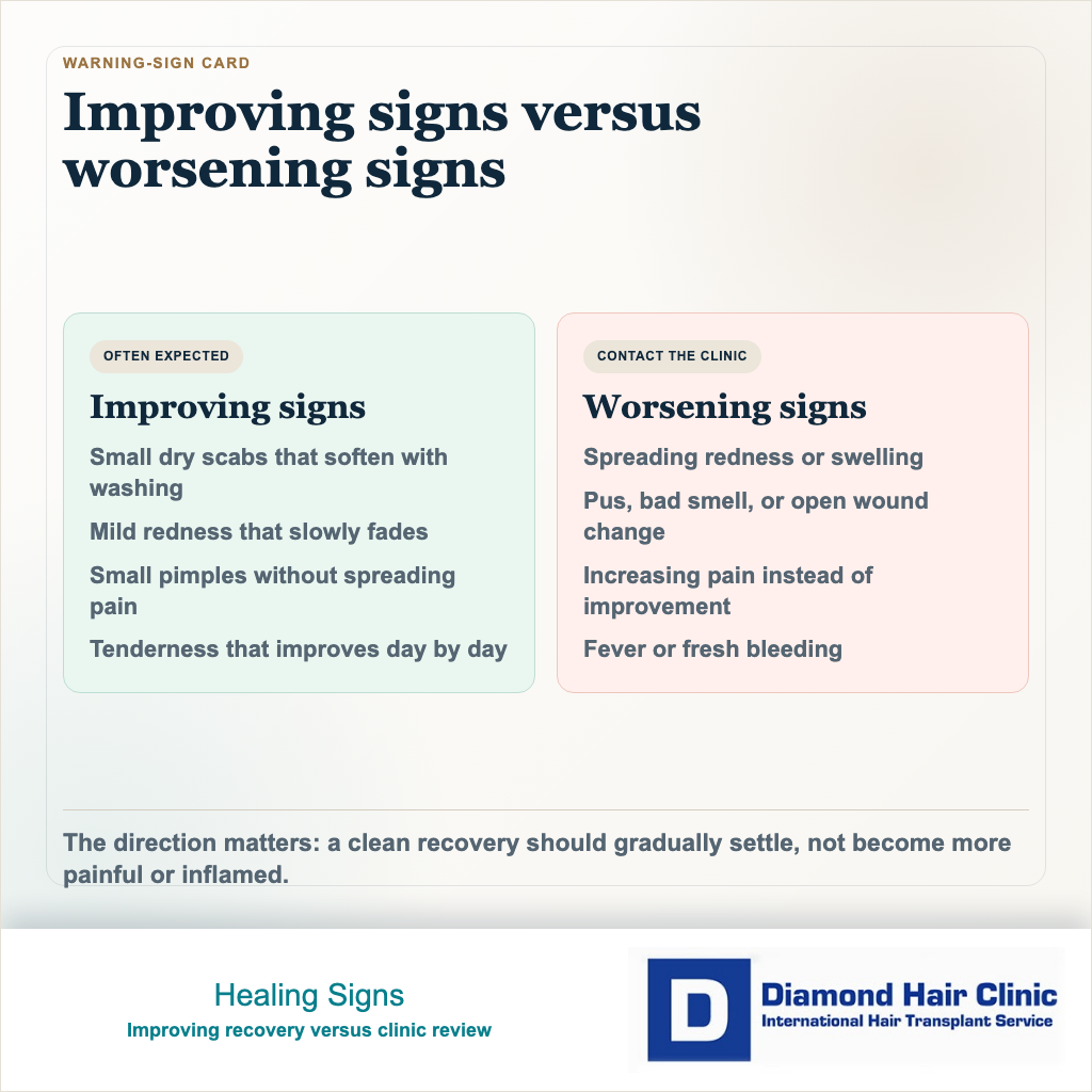 Hair transplant recovery warning card separating improving redness and scabs from worsening pain, swelling, discharge, or fever