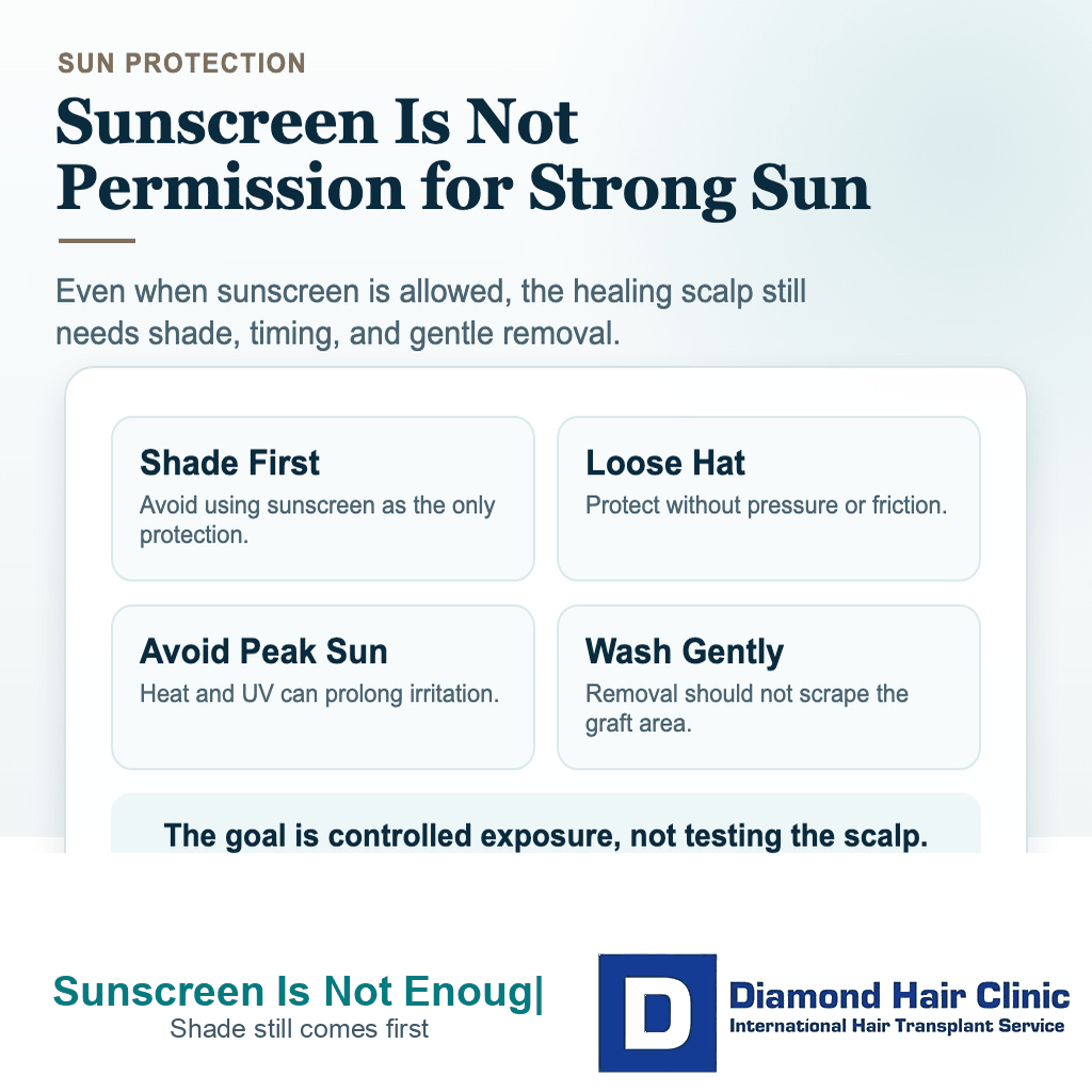 Sunscreen after hair transplant card explaining shade, loose hat, avoiding peak sun, and gentle washing after sunscreen
