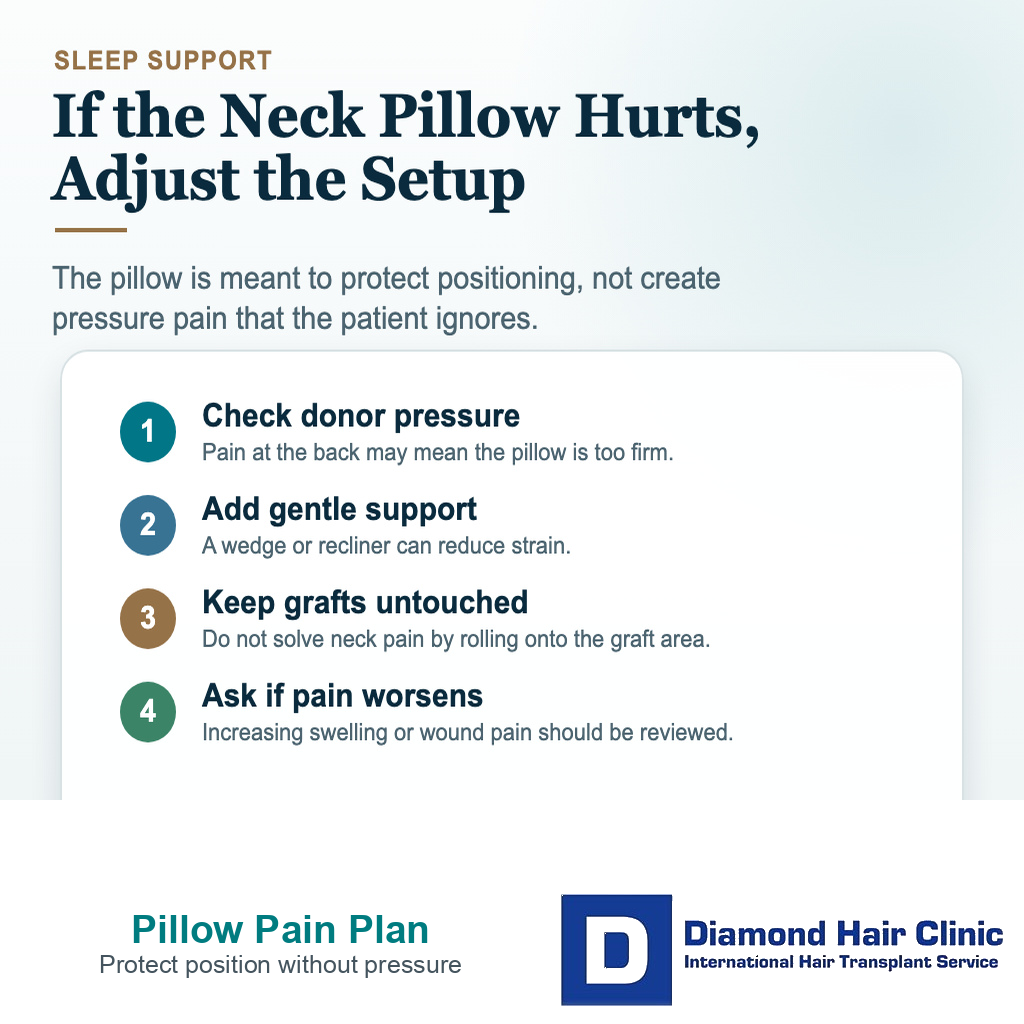 Neck pillow after hair transplant card explaining donor pressure, gentle support, untouched grafts, and worsening pain review