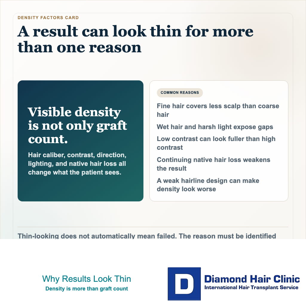 Hair transplant density factors card showing graft number, hair caliber, contrast, angulation, area size, and native hair loss
