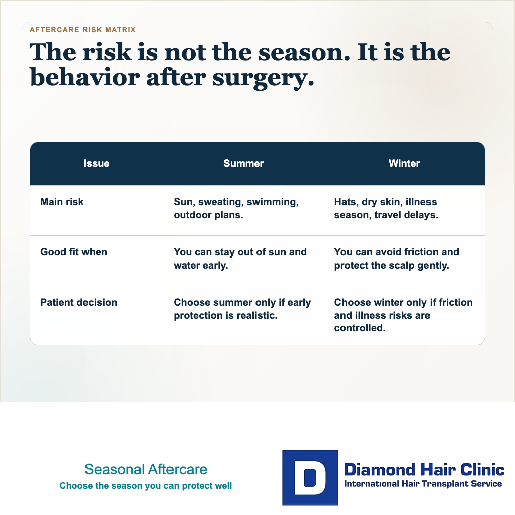Hair transplant season planning card comparing summer and winter recovery behaviors after surgery