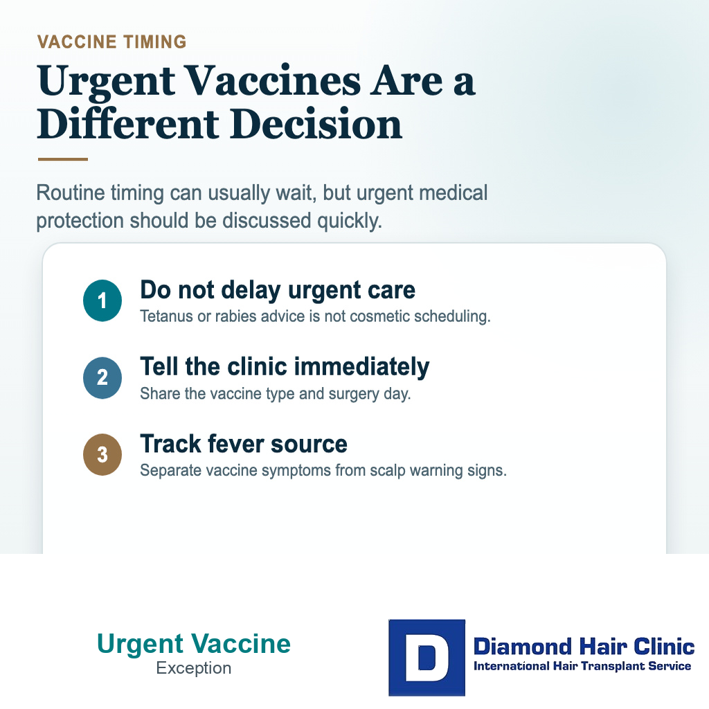 Vaccine after hair transplant card explaining urgent vaccine decisions, clinic notification, and fever source tracking