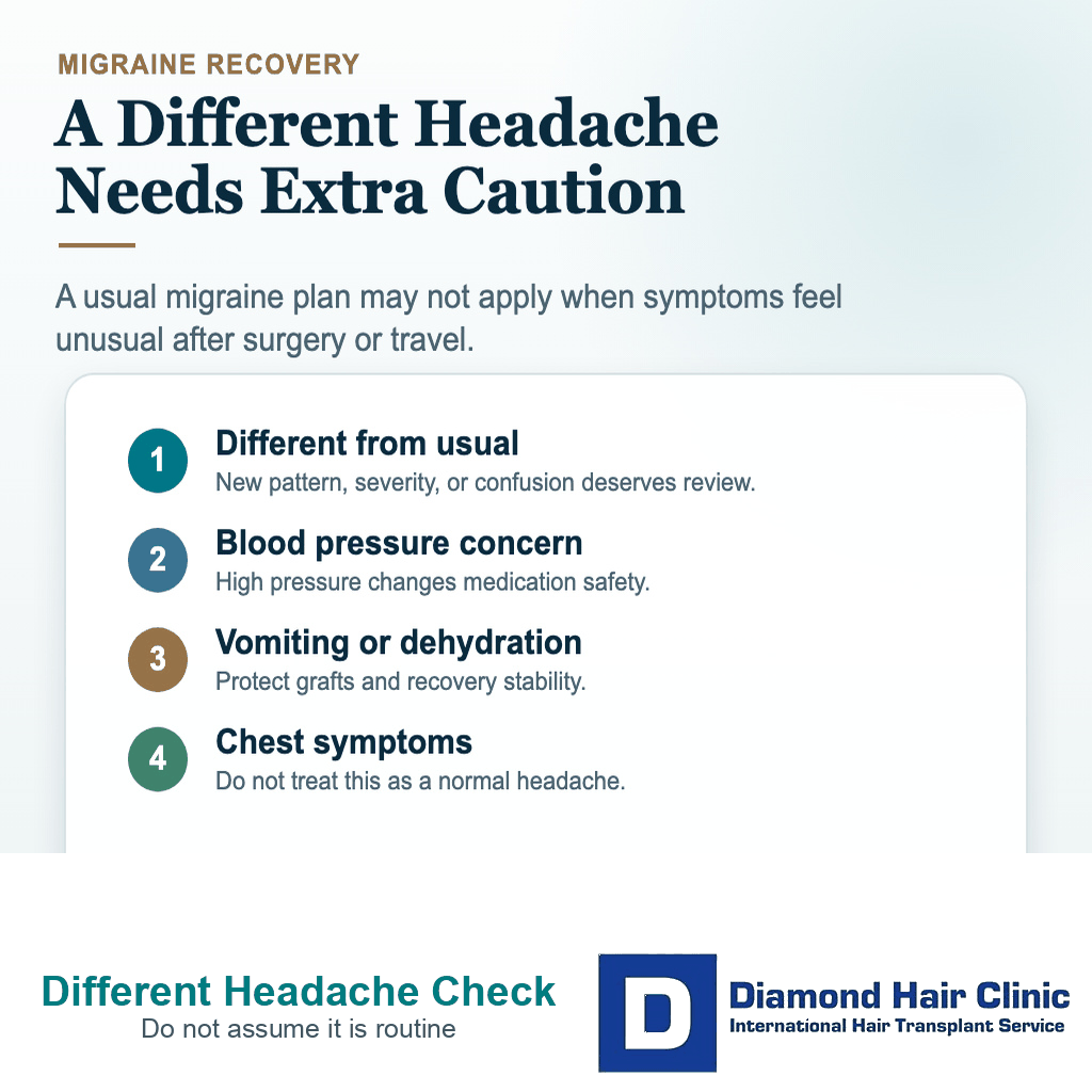 Sumatriptan after hair transplant card explaining different headache pattern, blood pressure concern, vomiting, dehydration, and chest symptoms