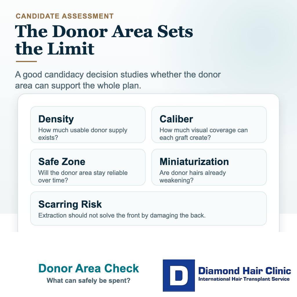 Hair transplant candidate visual explaining donor area density, caliber, safe zone, miniaturization, and scarring risk