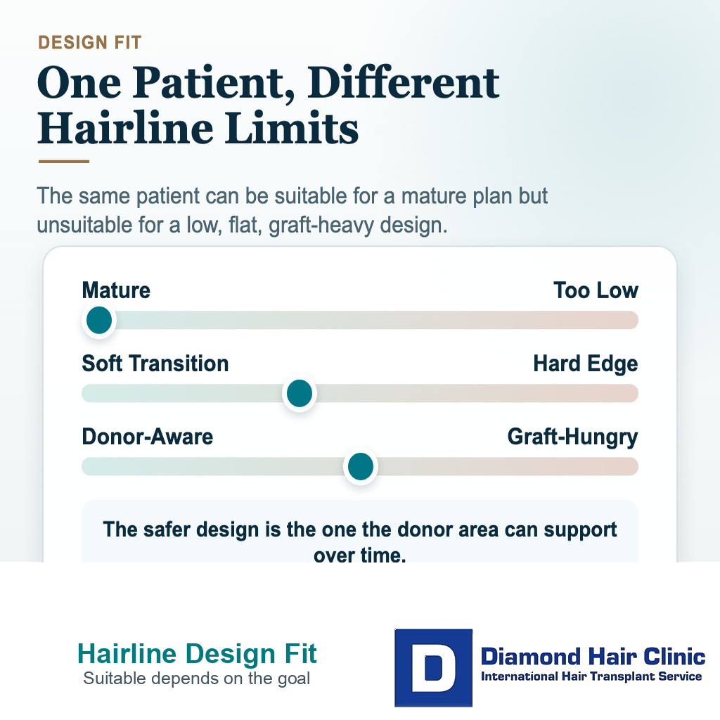 Hair transplant candidate visual showing mature hairline design, soft transition, and donor-aware planning limits