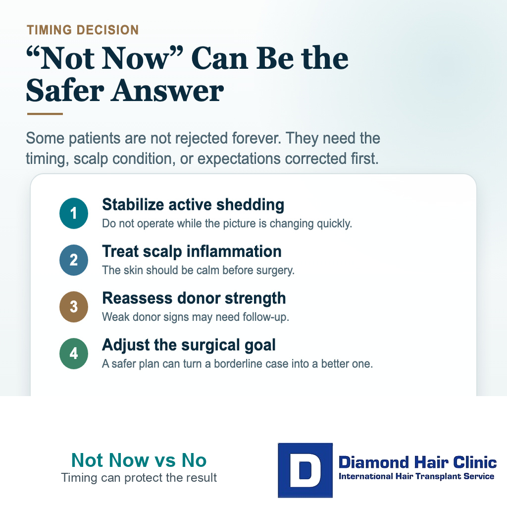 Hair transplant candidate visual explaining when not now can be safer than no because shedding, scalp inflammation, donor strength, or goals need correction