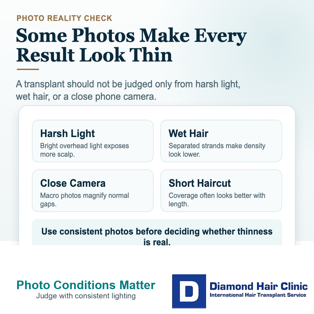 Hair transplant result visual explaining how harsh light, wet hair, close camera photos, and short haircuts can exaggerate thinness
