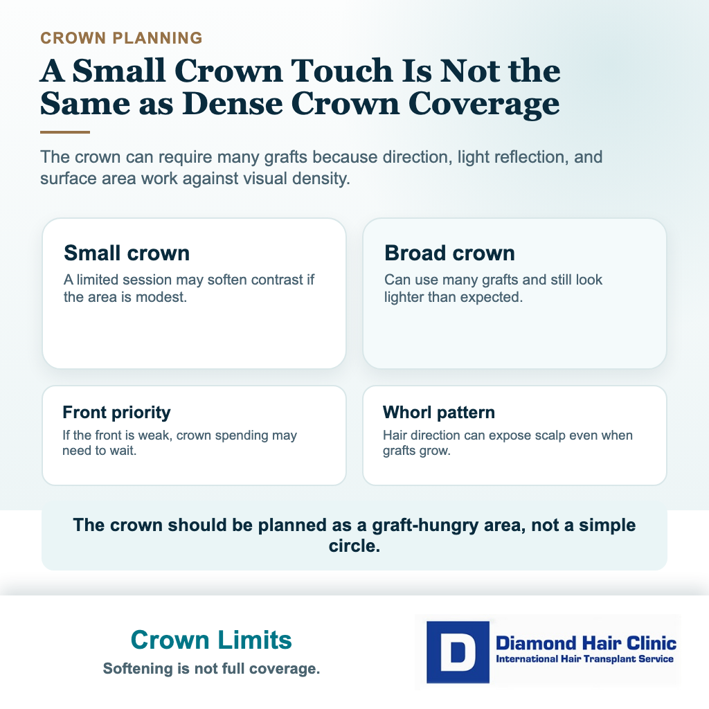 2000 graft hair transplant visual explaining why crown coverage may need many grafts and why small crown softening is different from dense crown rebuilding