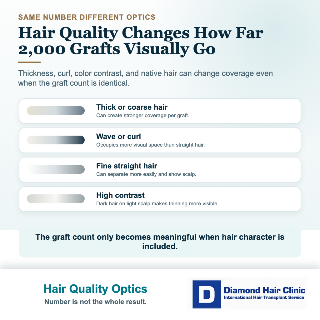 2000 graft hair transplant visual explaining how hair shaft thickness curl and scalp contrast change coverage from the same graft count