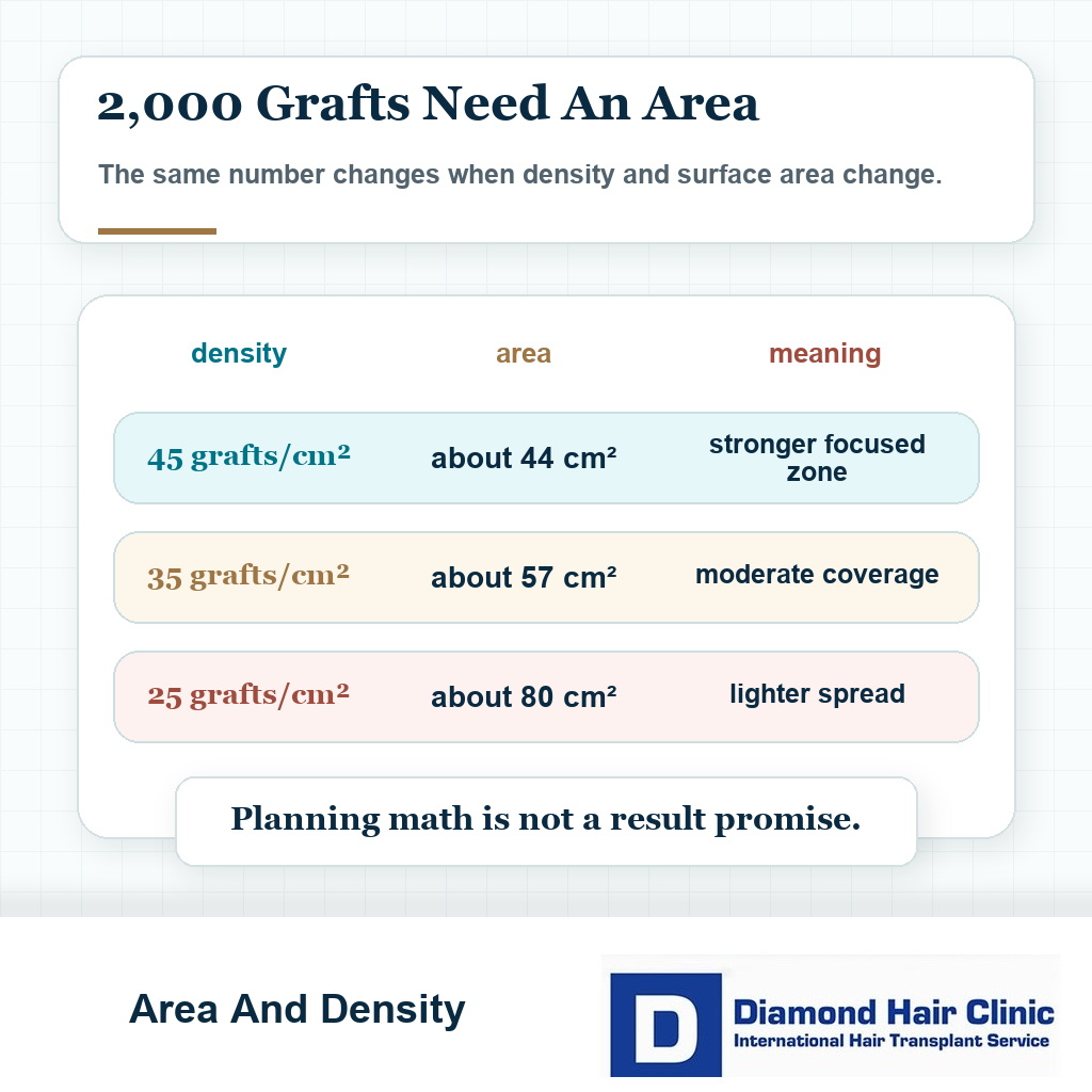 Planning card showing how 2000 grafts cover different areas at 25 35 or 45 grafts per square centimeter