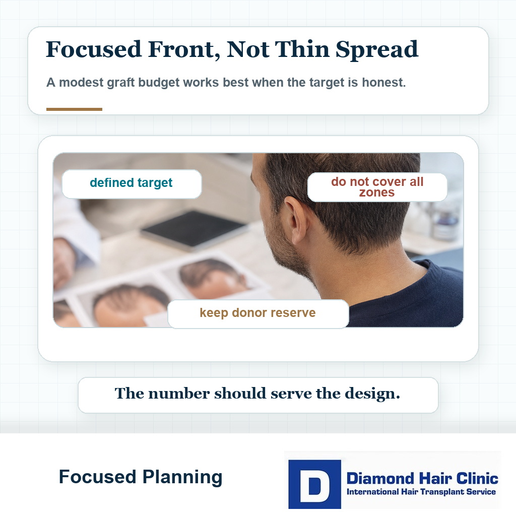 Consultation visual explaining that 2000 grafts should have a focused target instead of being spread across every hair loss zone