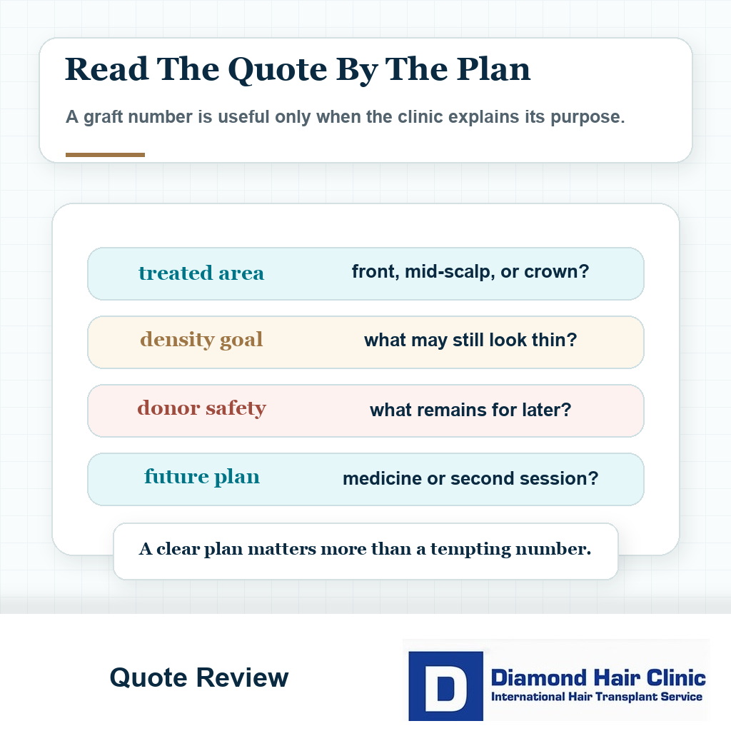 Quote review card showing that a 2000 graft hair transplant quote should explain treated area density donor safety and future plan