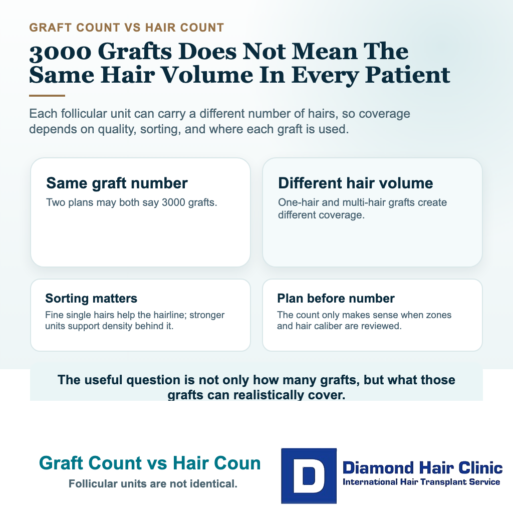 Visual explaining why 3000 grafts can produce different hair counts and different hair transplant coverage depending on follicular unit quality