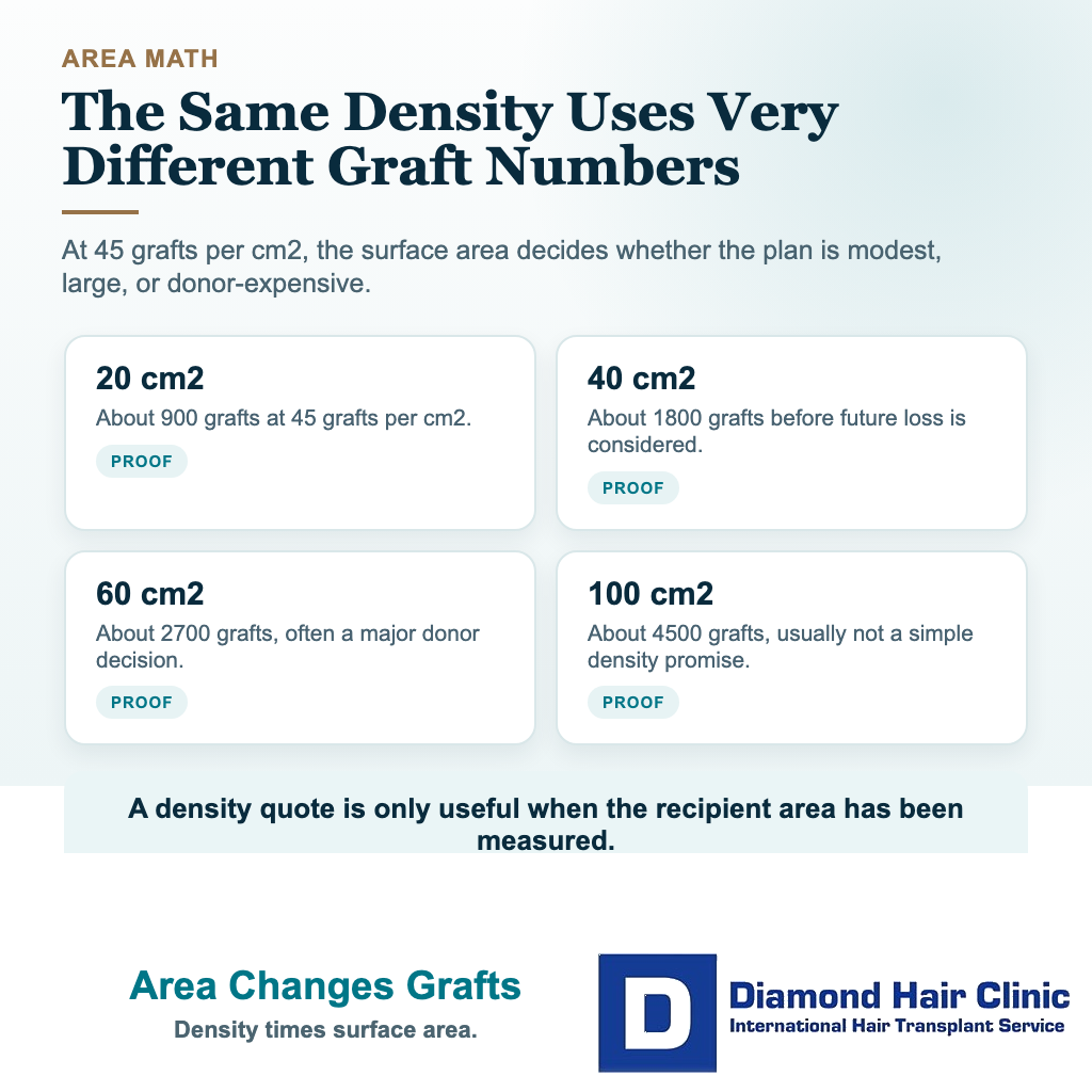 Visual showing how recipient area size changes the graft requirement at 45 grafts per cm2