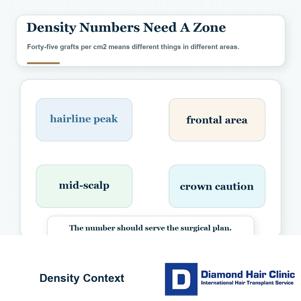 Visual explaining that forty five grafts per cm2 depends on the hair transplant zone