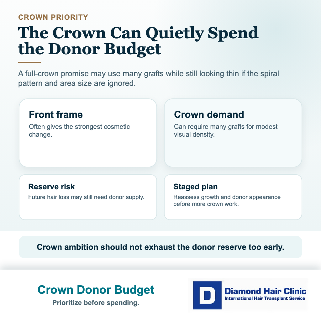 Visual explaining why the crown can consume donor grafts quickly in a 7000 graft hair transplant plan
