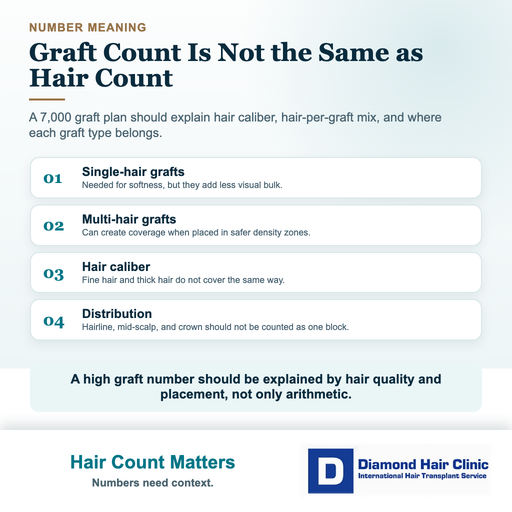Visual explaining why hair count and graft quality matter as much as graft count in a large hair transplant