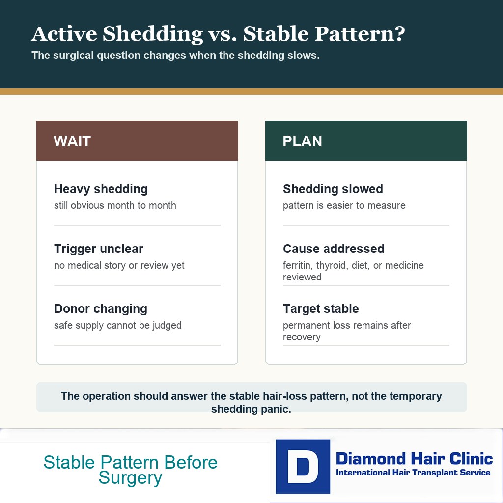 Decision card comparing active shedding with a stable hair loss pattern before transplant planning