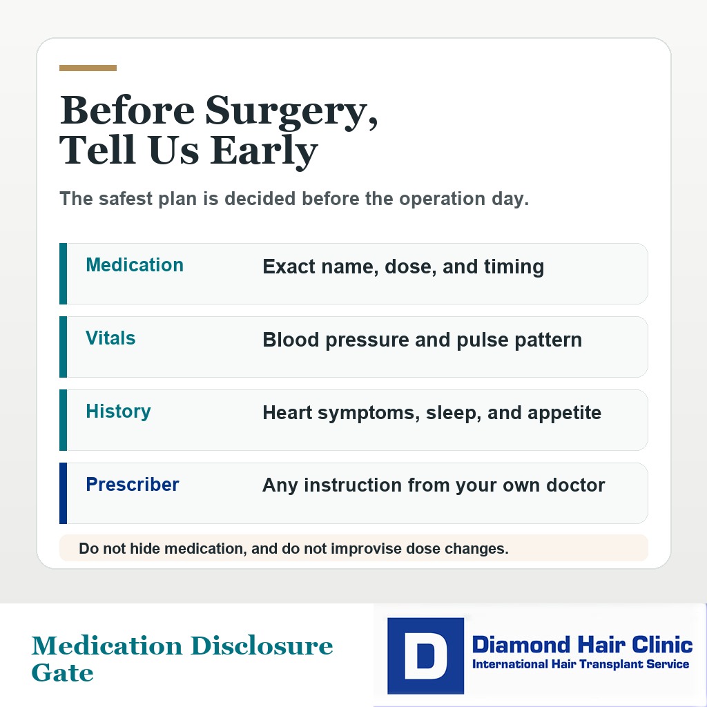Premium information card explaining medication, vitals, and medical history disclosure before hair transplant surgery