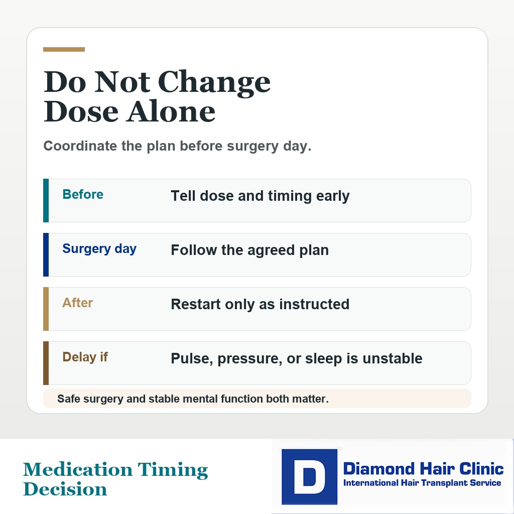 Premium decision card showing why ADHD medication dose timing should be coordinated before hair transplant surgery