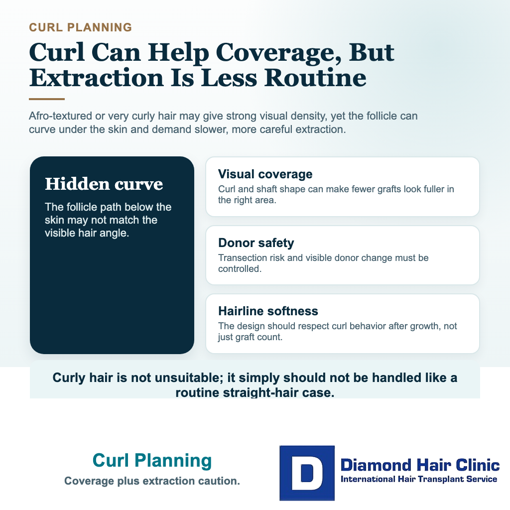 Is Afro-Textured or Very Curly Hair More Difficult to Transplant? visual explaining curl coverage advantage and extraction difficulty