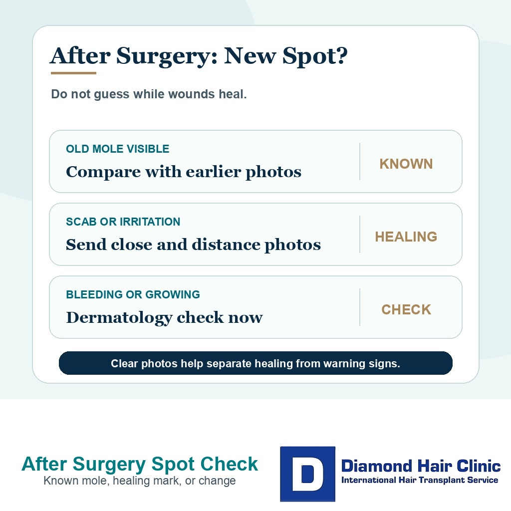 Comparison card showing known stable mole, changing lesion, and post transplant spot review steps