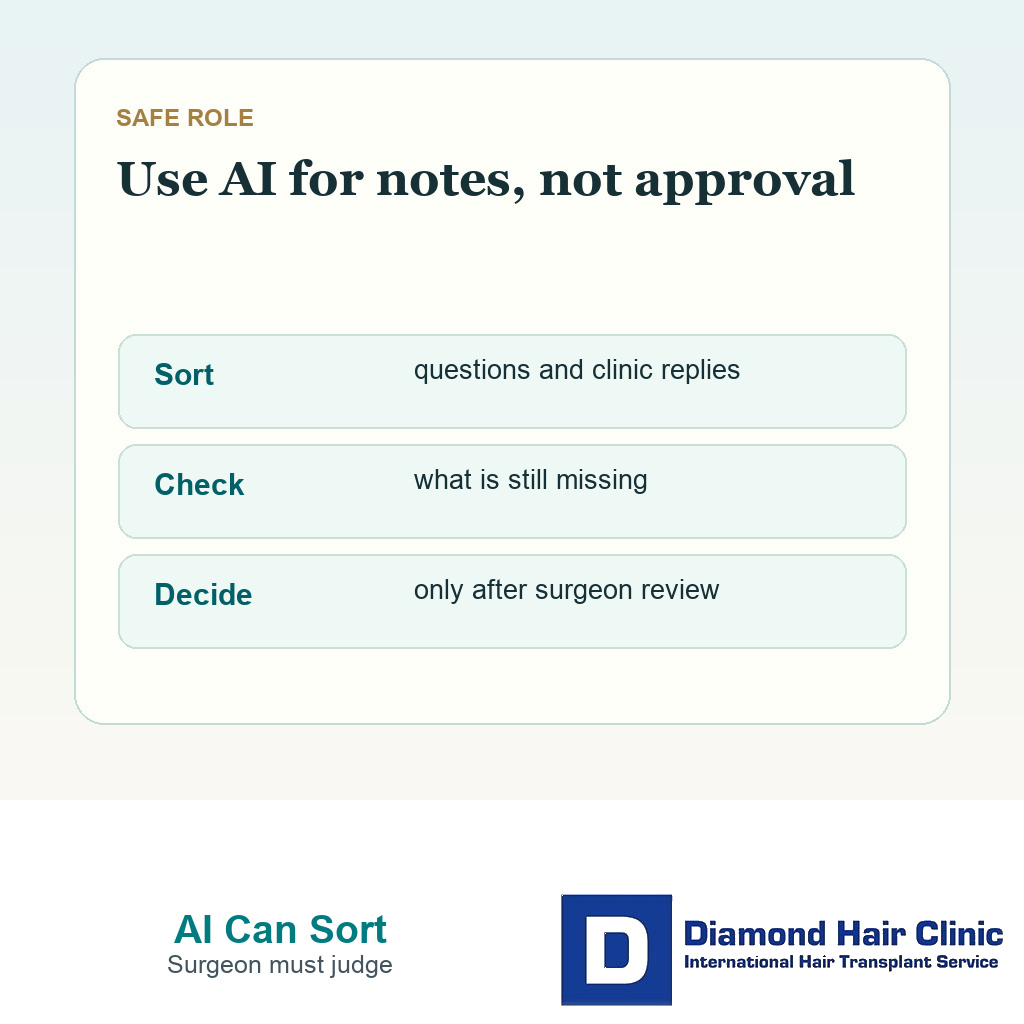 Clinical support card separating AI note sorting from surgeon judgment in hair transplant planning