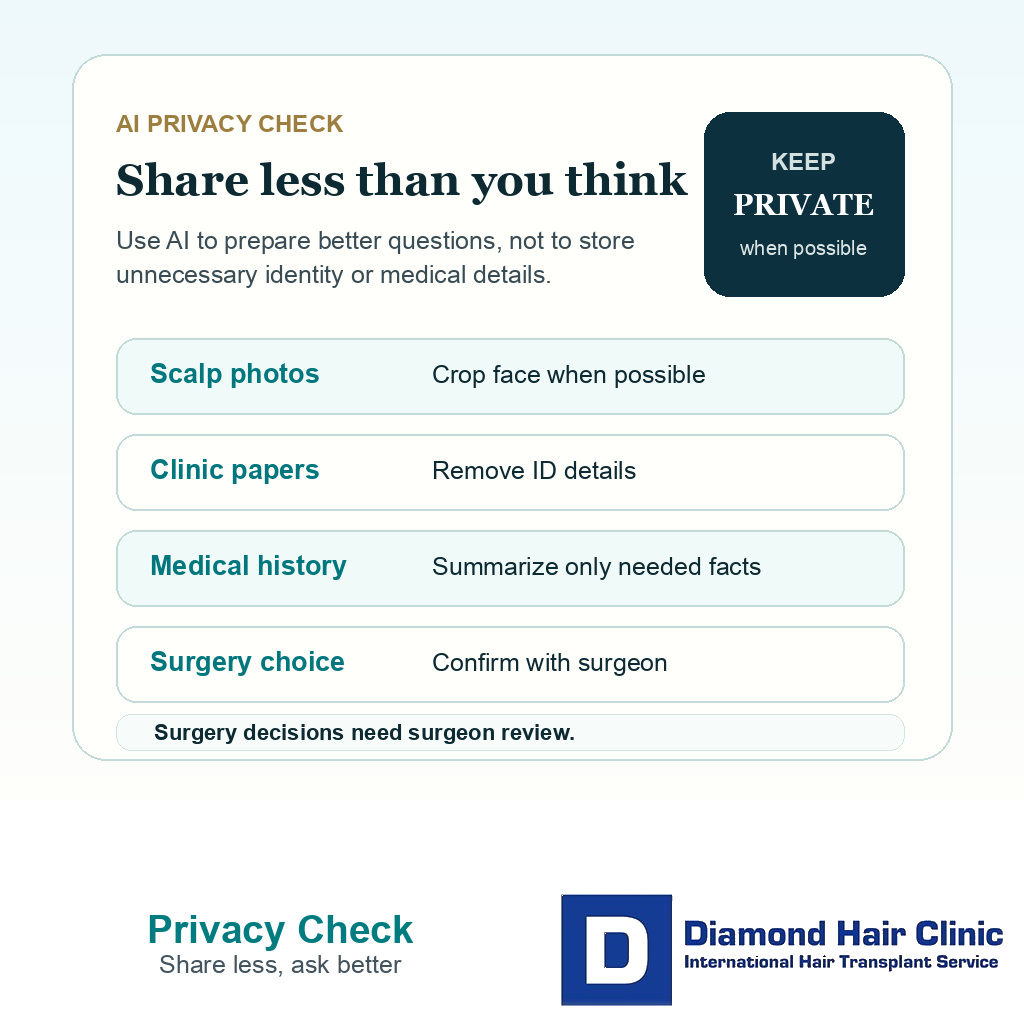 Clinical support card explaining how patients should limit identifiable photos documents and medical details before using AI for hair transplant planning